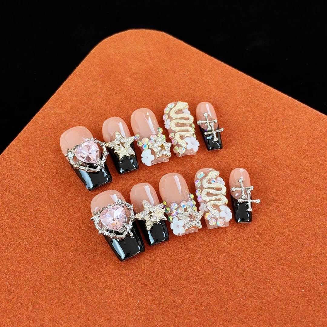 10pcs High-end Heavy industry design style, hand-painted hearts, stars, and flashing gemstones handmade fake nails