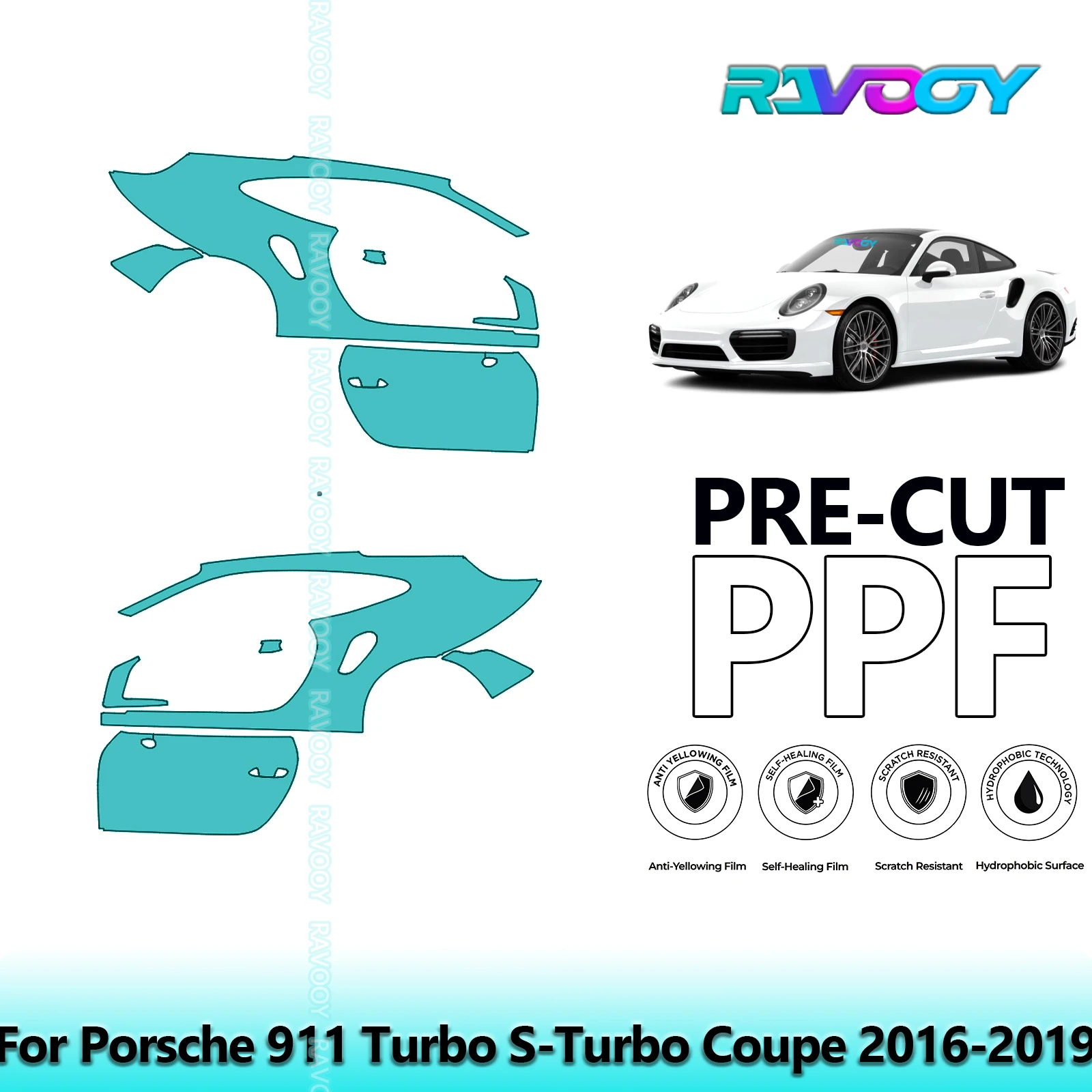 

For Porsche 911 Turbo S-Turbo Coupe 2016-2019 8.5mil Clear Matte Pre-Cut PPF Door & A/B Pillar Kit TPU Paint Protection Film Set