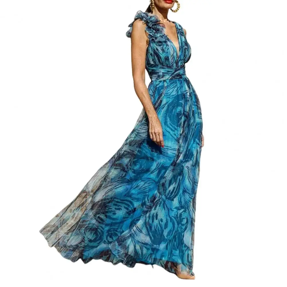 

Loose Fit Dress Bohemian Style Deep V Neck Maxi Dress with Flower Decor Slim Waist Pleated Design for Women's Evening Wear