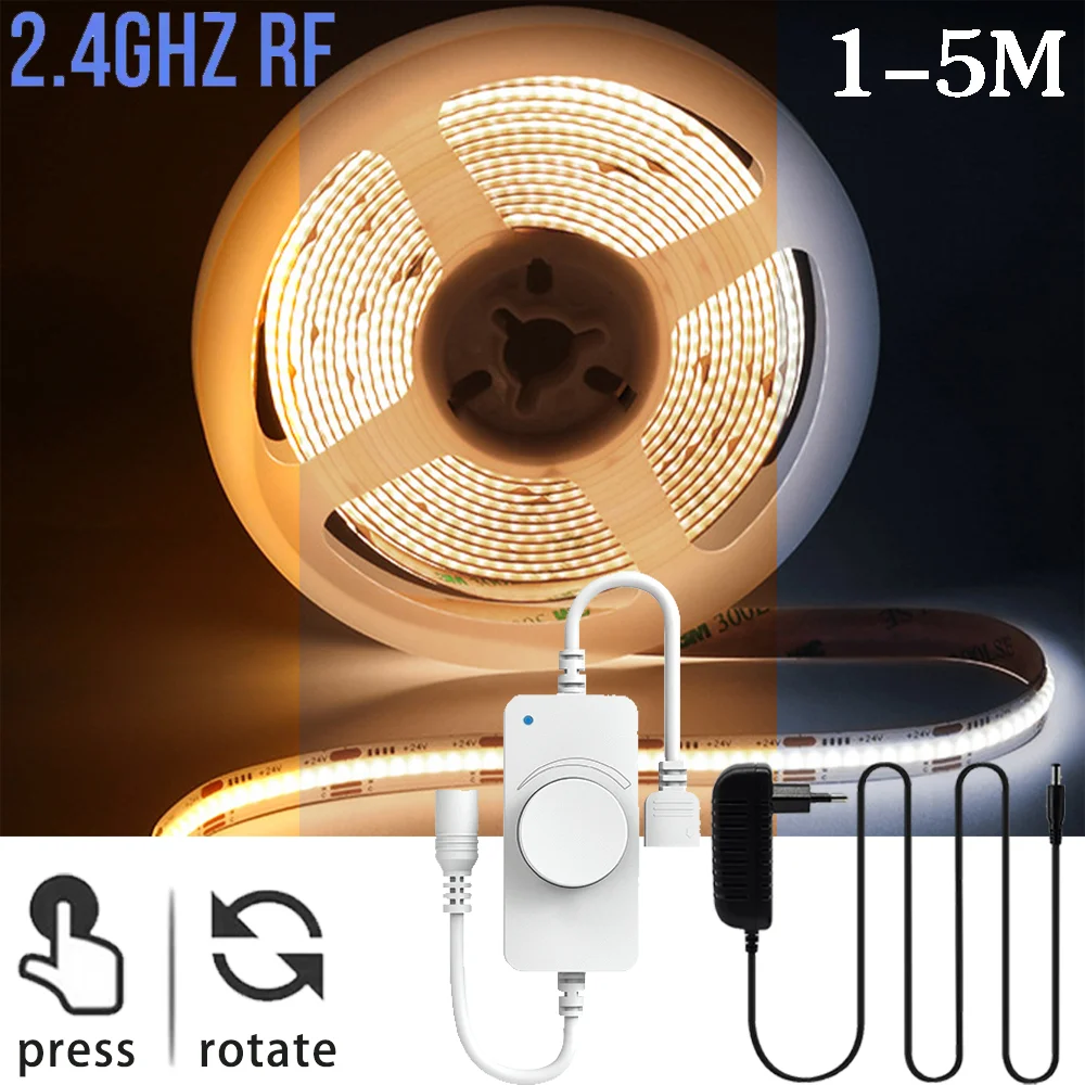 DC24V COB CCT LED Strip Lights 608 LEDs/m High Density Flexible Dimmable FOB Led Tape 1-5M with 2.4GKnob Touch LED Dimmer Switch