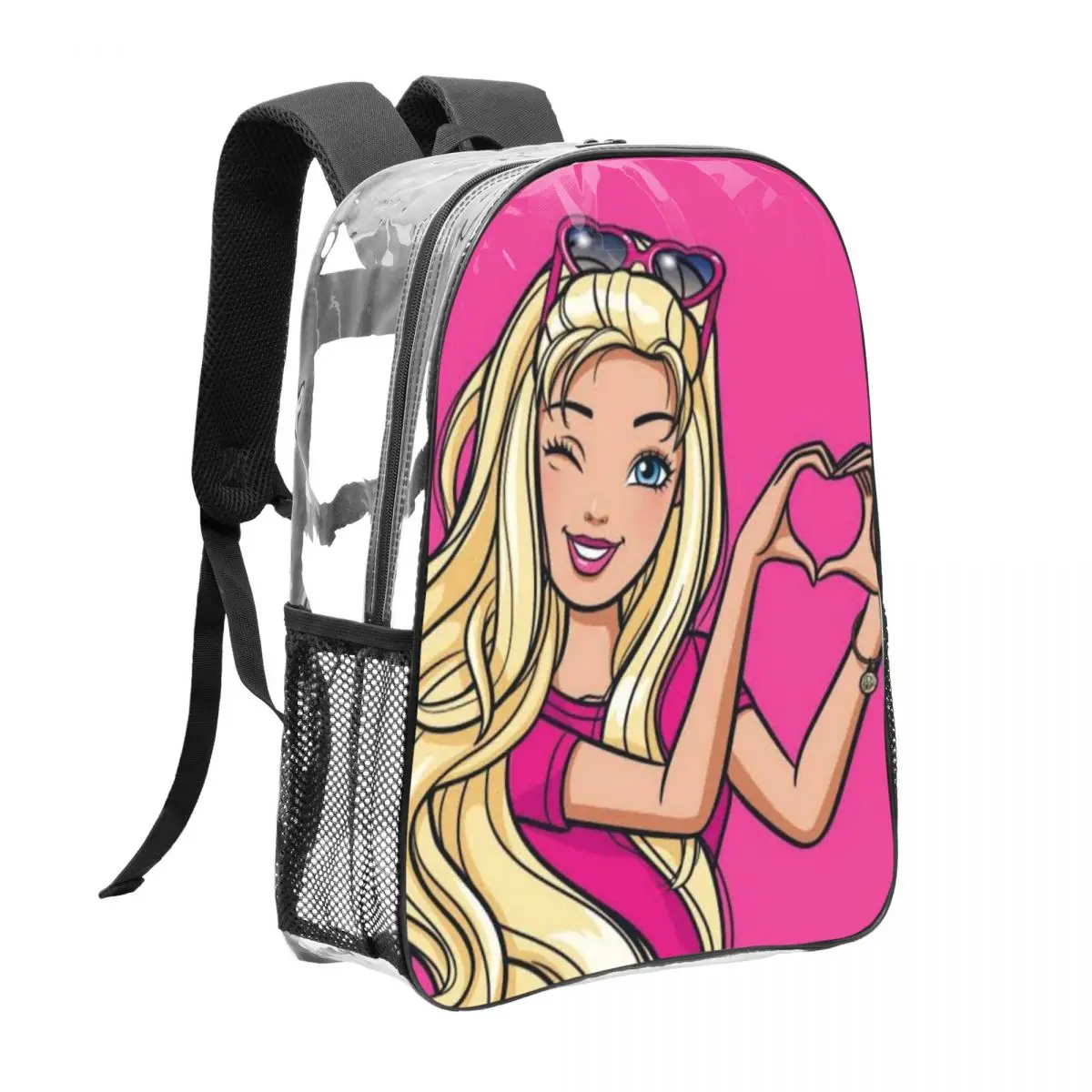 Mochila escolar transparente de 16 pulgadas Barbie, bolsa transparente resistente y elegante para estados y cheques de seguridad