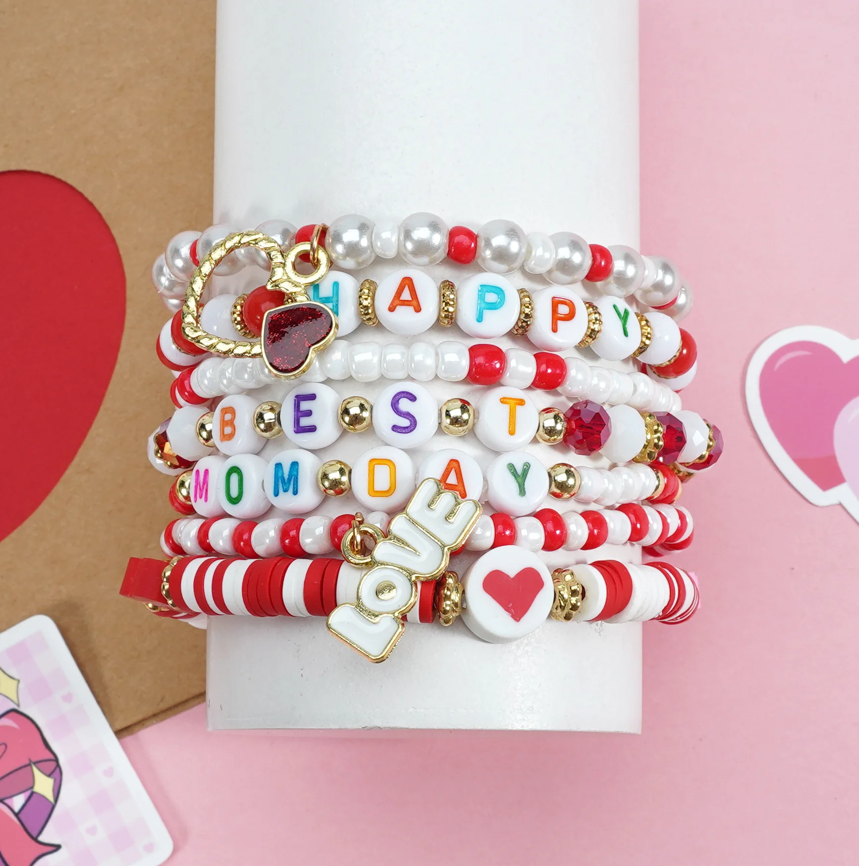 Stacked Bohemian  new Mother's Day bracelet, love pendant, thank you mother gift, colorful elastic beaded bracelet jewelry