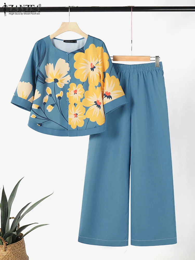 ZANZEA 2024 Summer Fashion Floral Printed Blouse Pants Sets Women Bohemian Wide Leg Trouser 2PCS Outfits Casual Loose Tracksuits