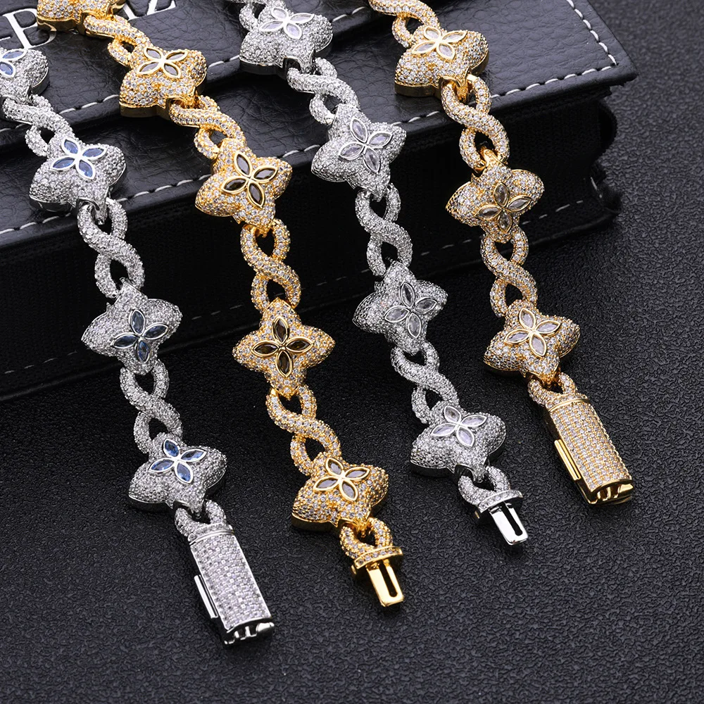 Hip hop Clover Eight Character Cuban Chain Zircon Men's Necklace with High Grade, Hundred Tie Handchain, Trendy Decoration