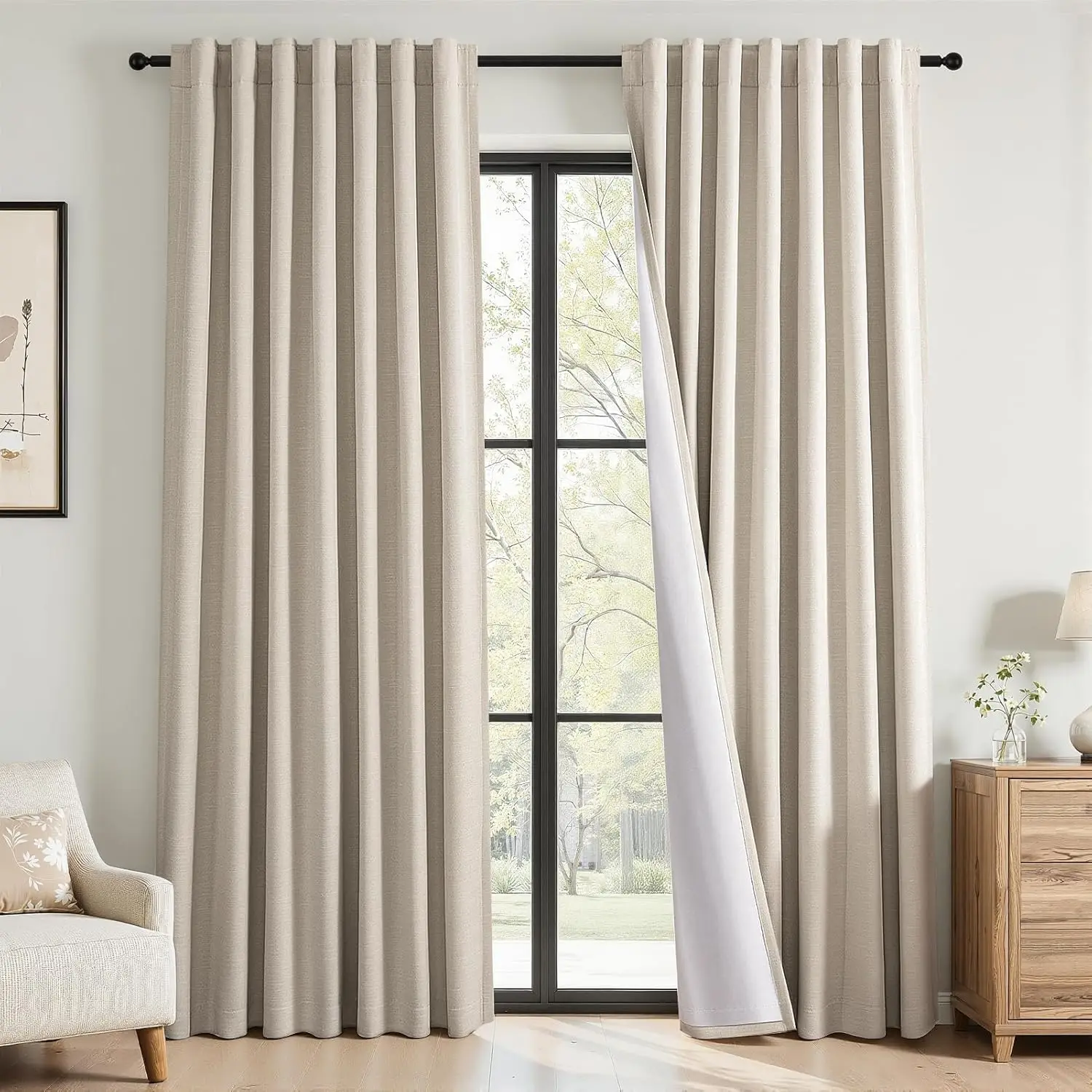 84 Inch Long Oatmeal Linen Blackout Back Tab Curtains, Thermal Insulated Pinch Pleat Drapes for Aesthetic Bedroom Window