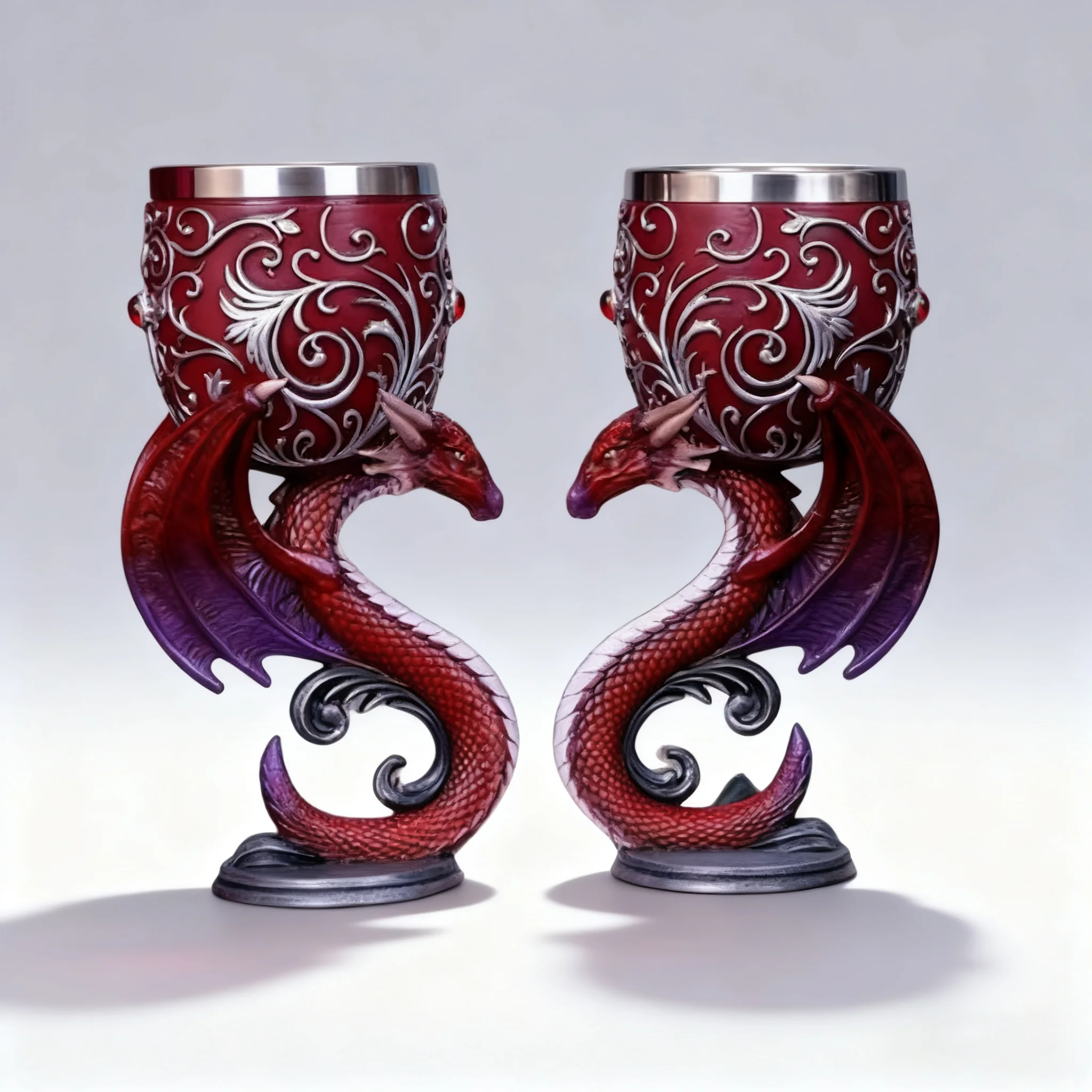 Gothic Dragon Wine Goblet Set Medieval Style Stainless Steel Lined Cup with Cross and Red Gem Perfect for Fantasy Lovers