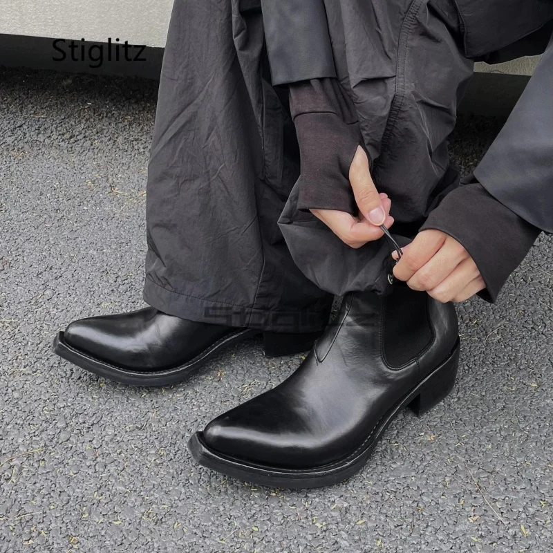 

Black Pointed Toe Chelsea Boots Men Height Increasing Chunky Heel Autumn Winter Trendy Leather High Top Boots Male Shoes
