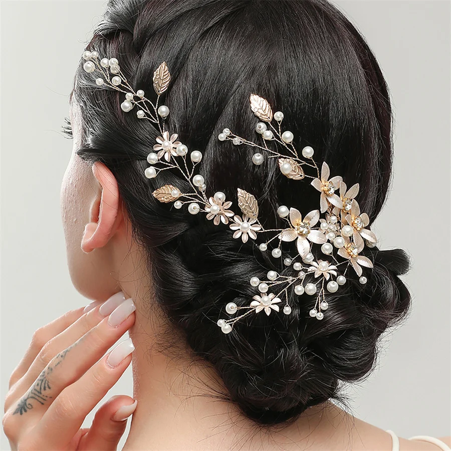 1Pc Flower Bride Wedding Hair Vine Pearl Bridal Hair Piece Leaf Hair Accessories Headband for Women and Girls fashion jewelry