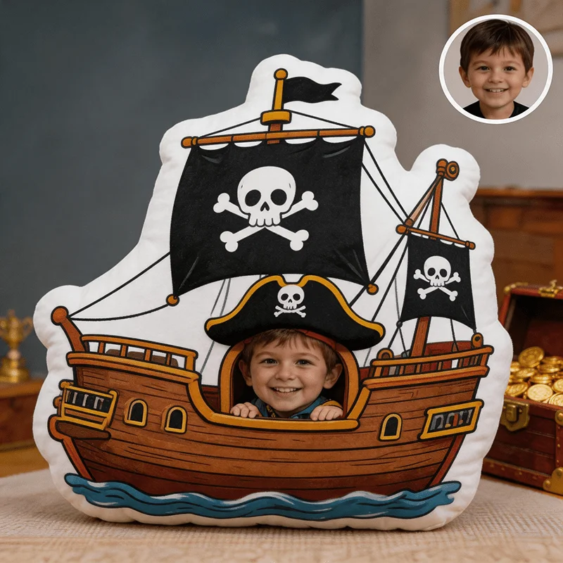 Custom Photo Pirate Ship Face Shaped Pillow, Black Brown Decorative Cushion, Double-Sided Printing, 60CM Accent Pillow for Sofa