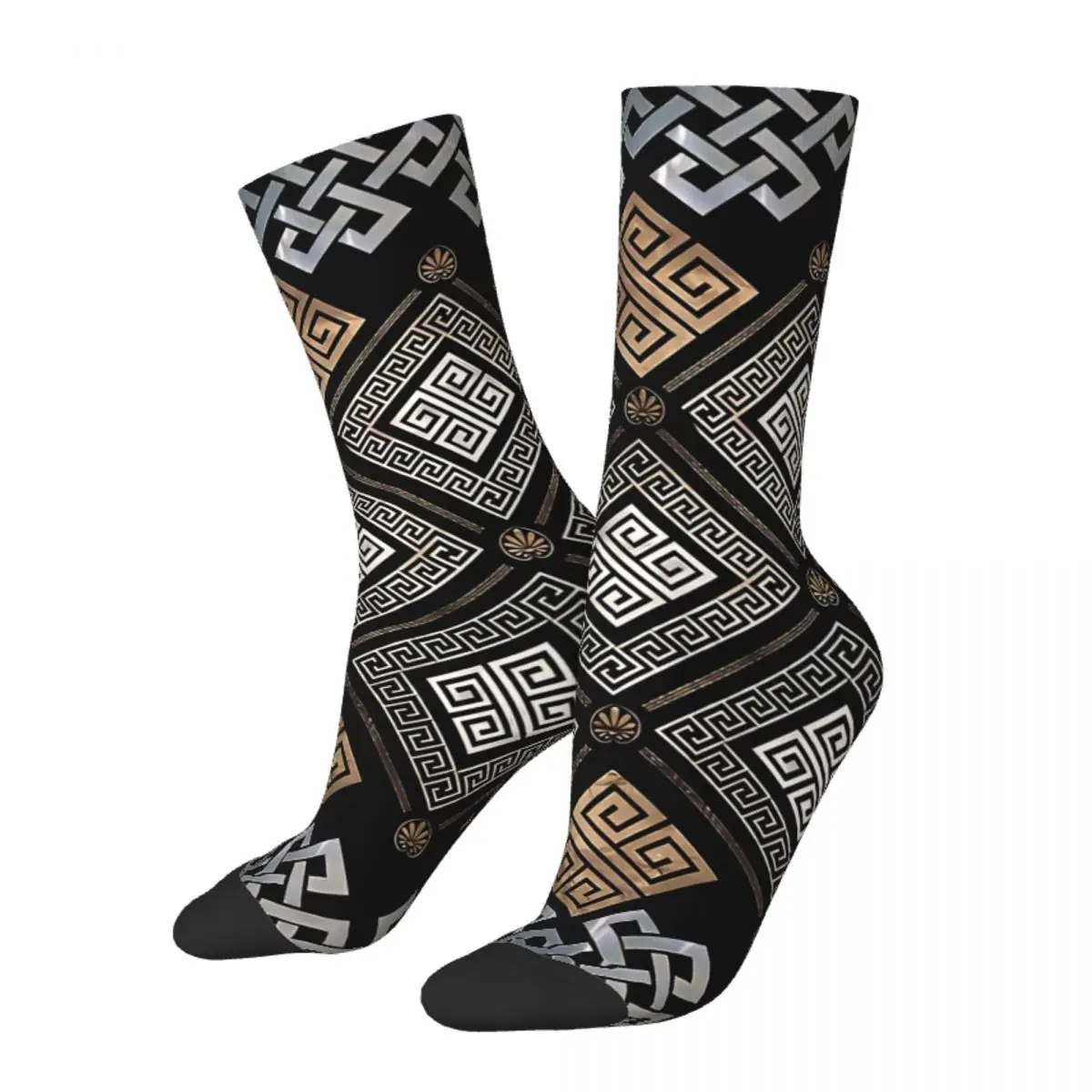 Men\'s Socks Key Ornament Black And Gold Vintage Harajuku Greek Meander Street Style Casual Pattern Crew Crazy Sock Gift Printed