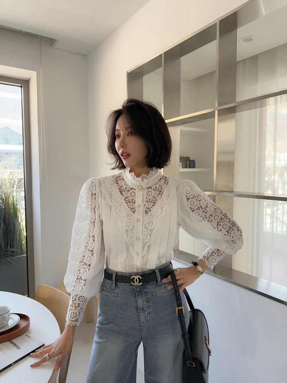 

Ele Long Sve Lace Hollow Pearl Button Women's irt Stand Collar Embellied French Sle Straight Cut Spring Faion