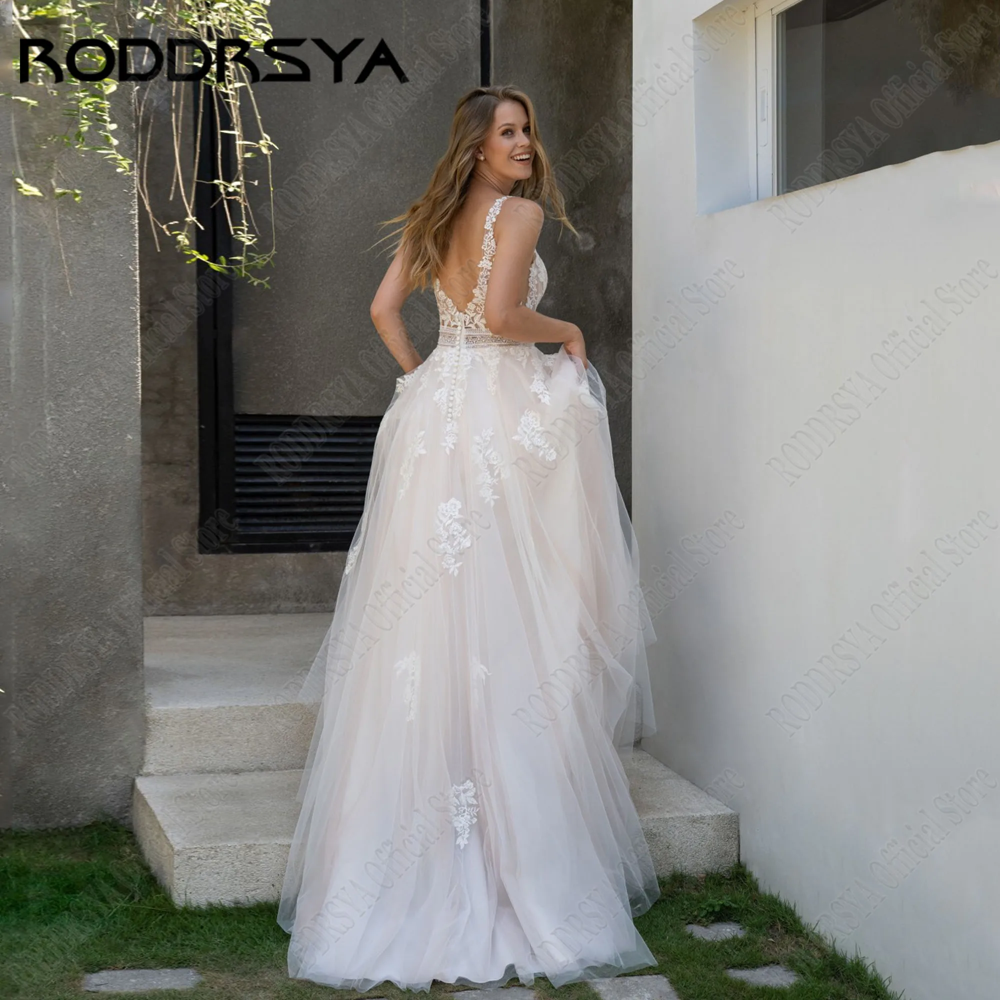 RODDRSYA-vestido de novia de encaje sin mangas, traje de novia con espalda descubierta, línea A, elegante, tul con cuello en VVestido de novia sin mangas de encaje roddrsya vestido de novia en forma de a vestido de nov