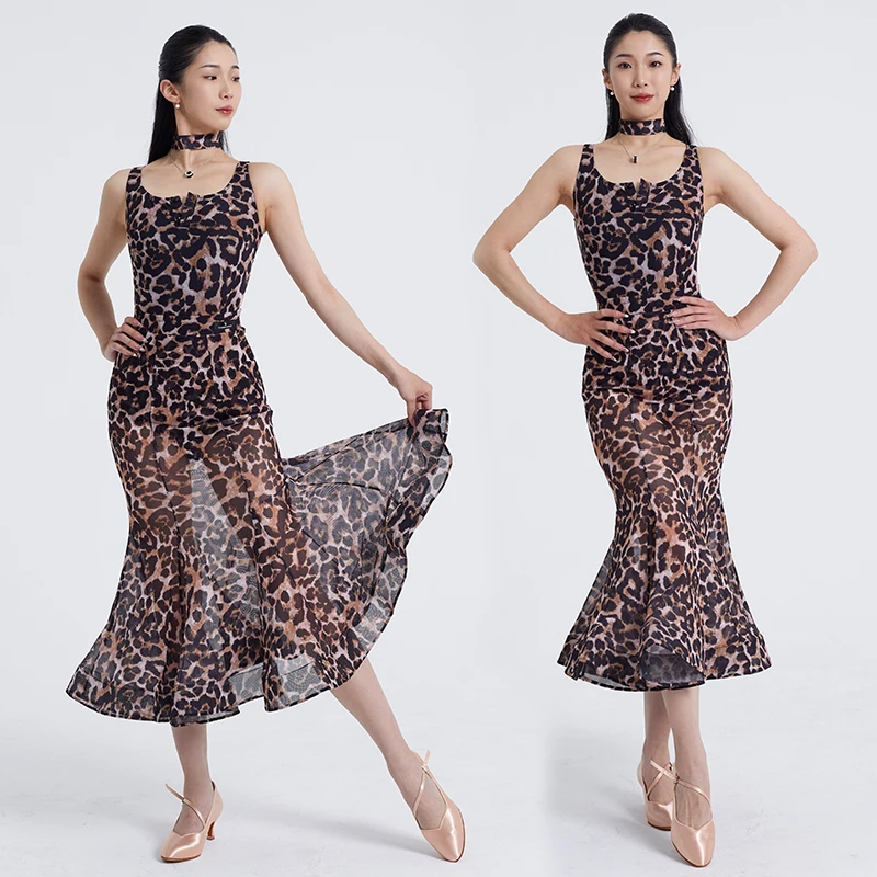 

New Ballroom Dance Leopard Tops Skirt Summer Women Waltz Latin Ballroom Dance Competition Dress Adult Practice Clothes DNV24219
