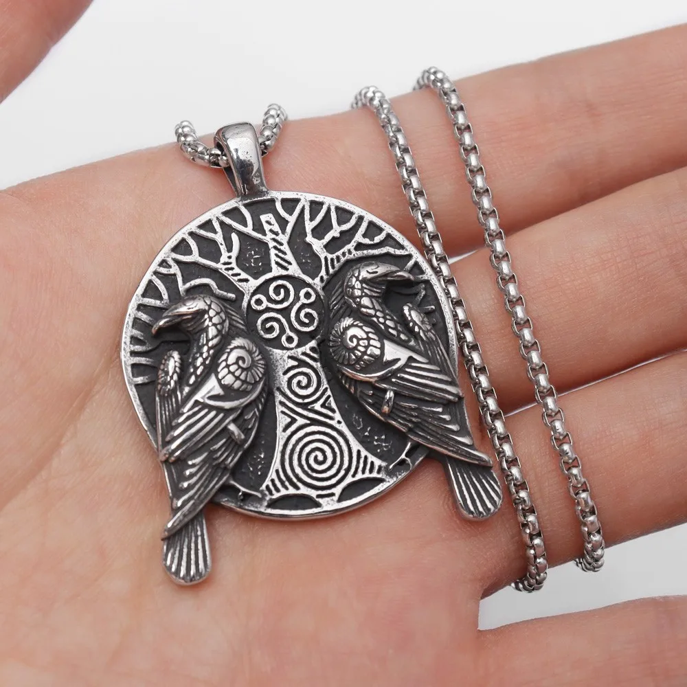 Vintage Tree of Life Odin Crow Pendant Charm Men\'s Necklace Fashion Christmas Valentine\'s Day Gift Protector Jewelry Accessories