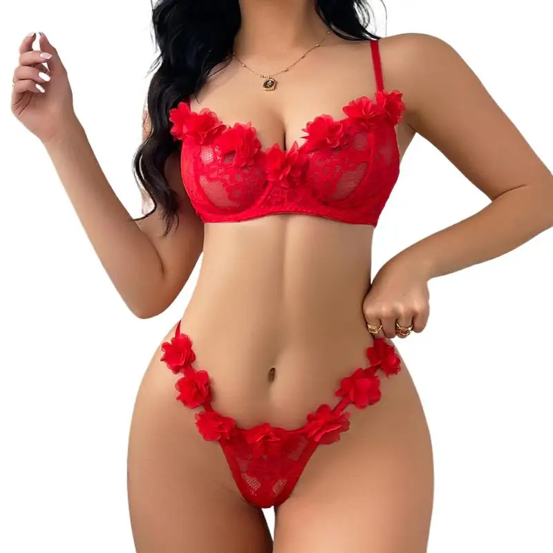 

Lingerie Set 2PC Lace Bralette Garter Belt Thong Pure Sexy Underwear Women Sheer Floral Embroidery Bra Panty Set Pink Red Outfit
