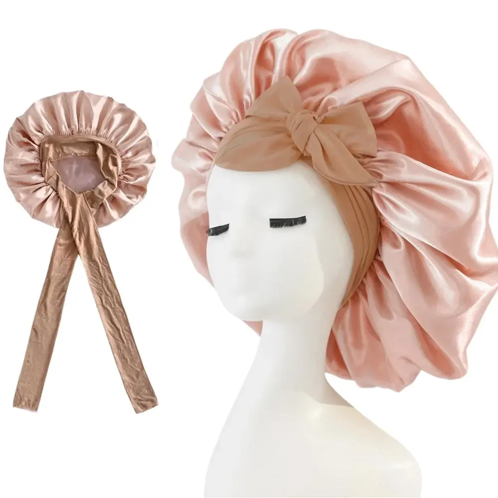 قبعة حريرية مقلدة مستديرة ، لون بوب ، قوس شريطي ، عناية بالشعر ، قبعة عريضة الحواف ، غطاء رأس ، غطاء ليلي ، جمال