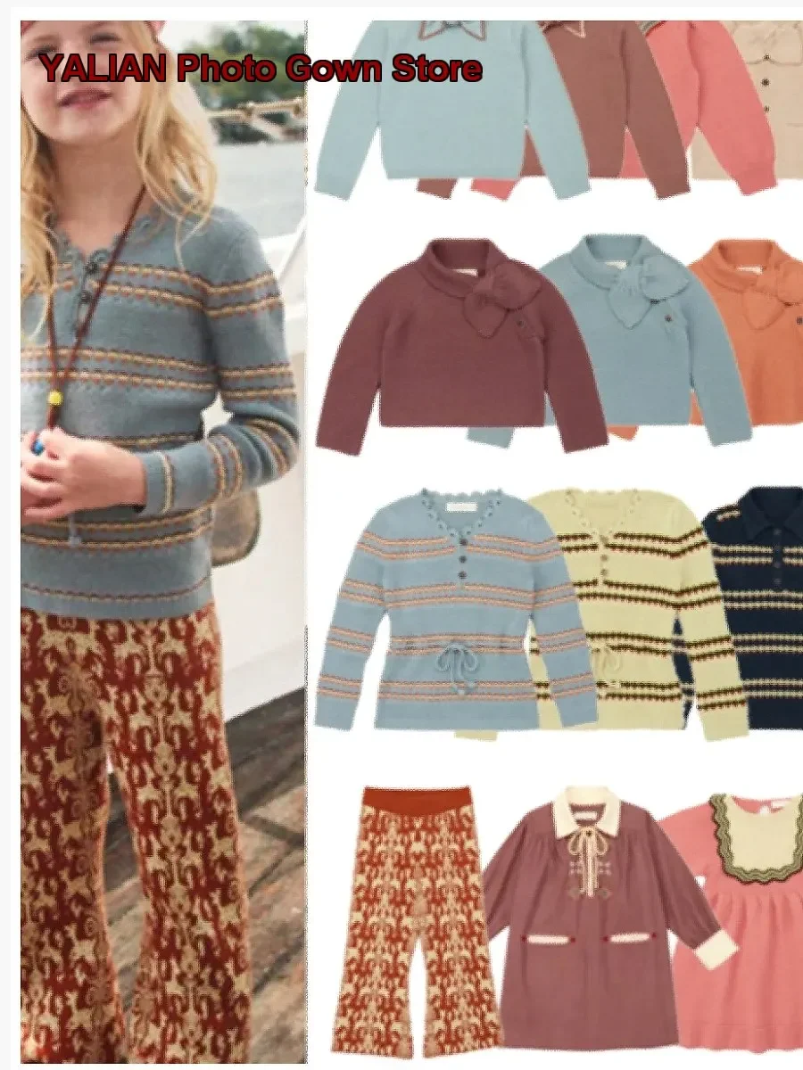 Girls Long Sleeve Knit Dress with Skirt Two-Piece Set Bowknot Design Fall/Winter Long Sleeves