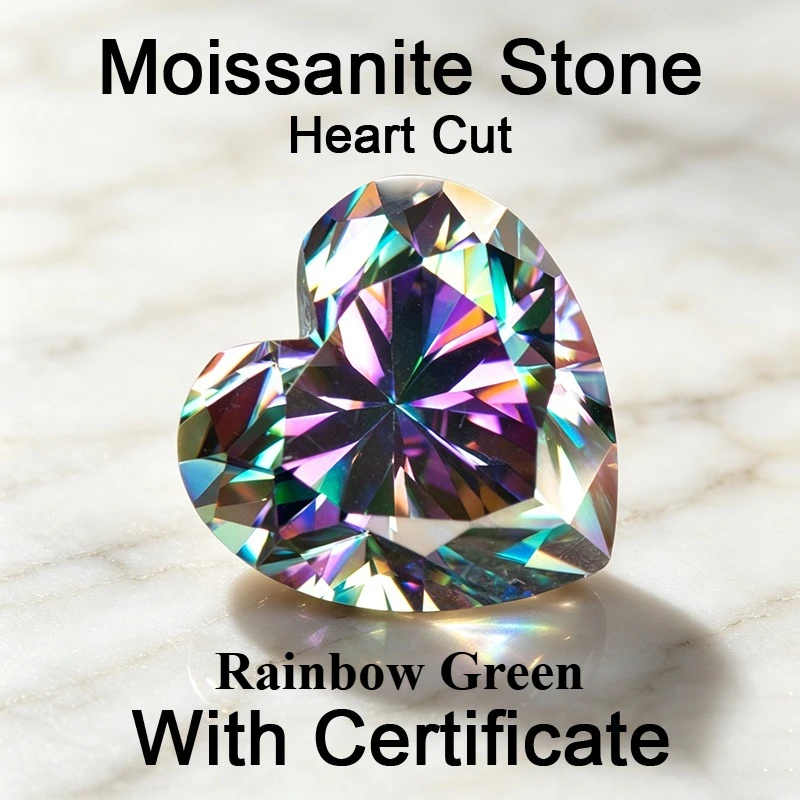 Moissanite Stone Heart Cut Rainbow Green Charms Gemstone for DIY Jewelry Making Materials Pass Diamond Tester with Certificate