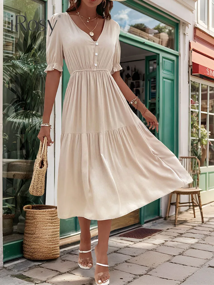 2024 Women\'s Short Sleeve V Neck Elastic Waist Midi Viscose Dress with Pockets Casual Beach Vacation Party Event Dress Outfits