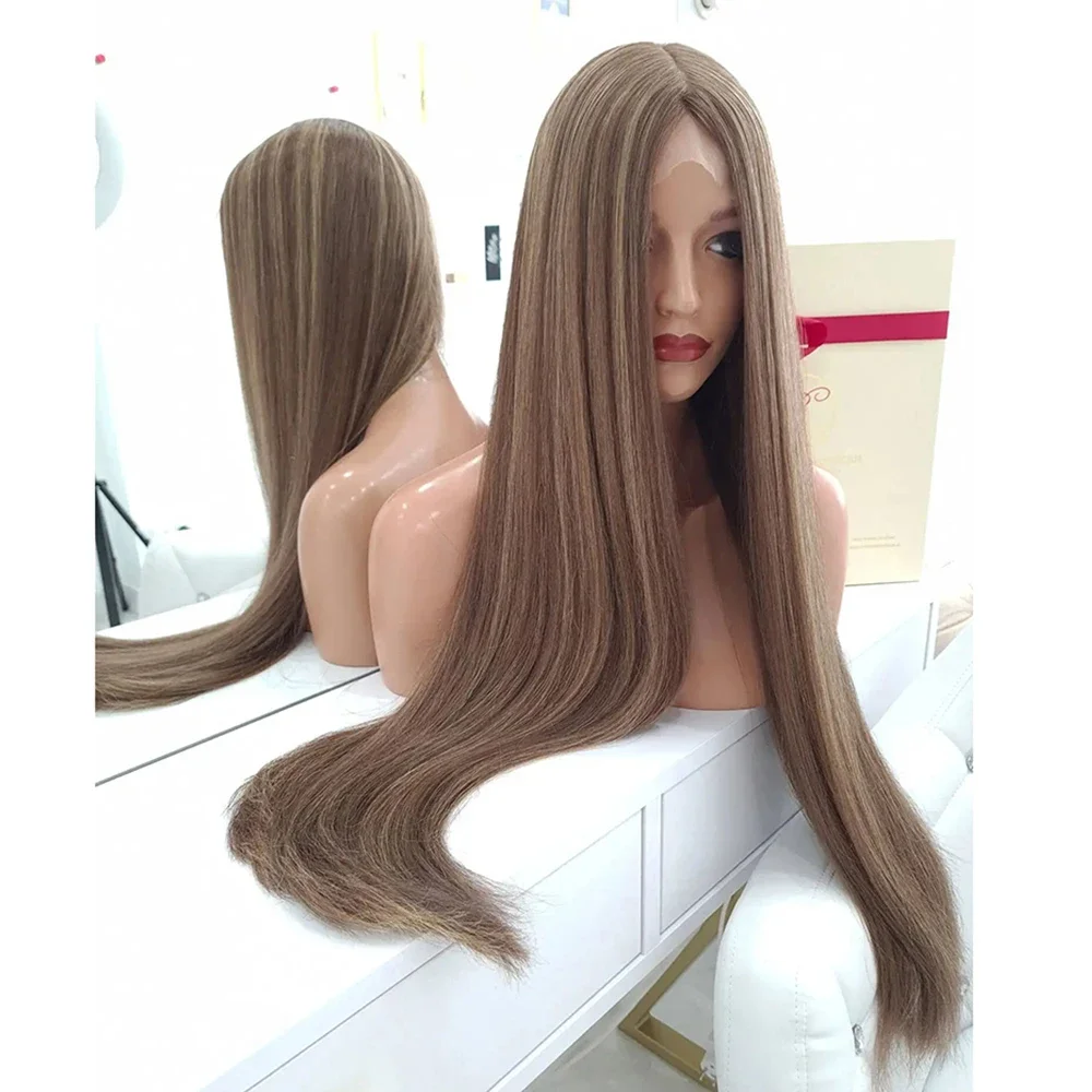 24inch Glueless 180Density Highlight Blonde Straight 5x5 Silk Base Preplucked Jewish Human BabyHair HD Lace Wig European Hair