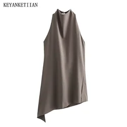 KEYANKETIAN New Launch Women's Halter Sleeveless Backless Shirt Simply Stylish Asymmetrical clipping Solid Blouse Mid-length Top