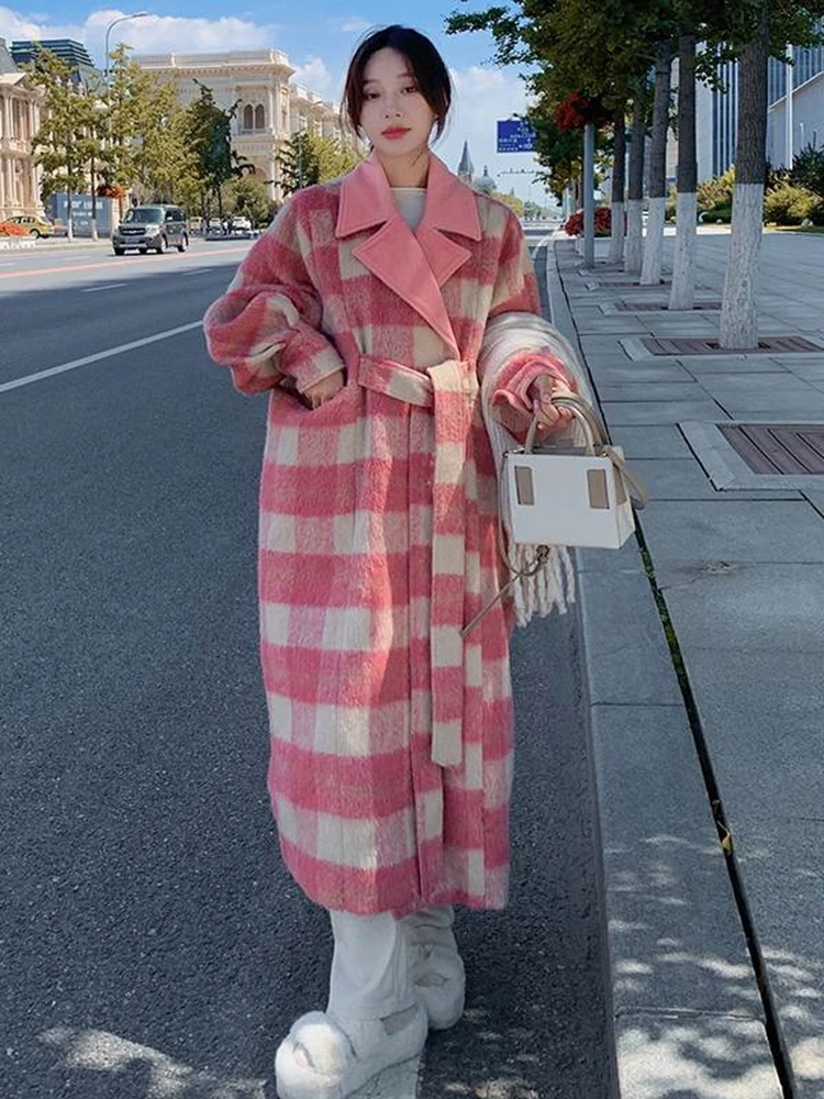 Winter Woman Woolen Coat Pink Plaid Color Block With Sashes Vintage Style Lapel Collar Loose Jackets 2023 Autumn Fashion