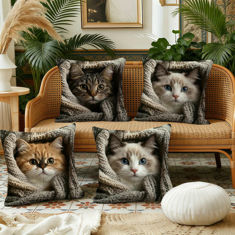 Cute scarf cat cushion cover Plush Fabric Soft Double Sided Print Sofa Cushion Cover Throw Pillow Covers