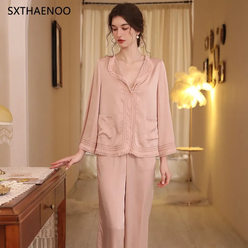 SXTHAENOONew French Woman Lapel Solid Color Pijama Mujer Spring Autumn Ice Silk Lace Loose Sleepwear ensemble femme 2 pièces