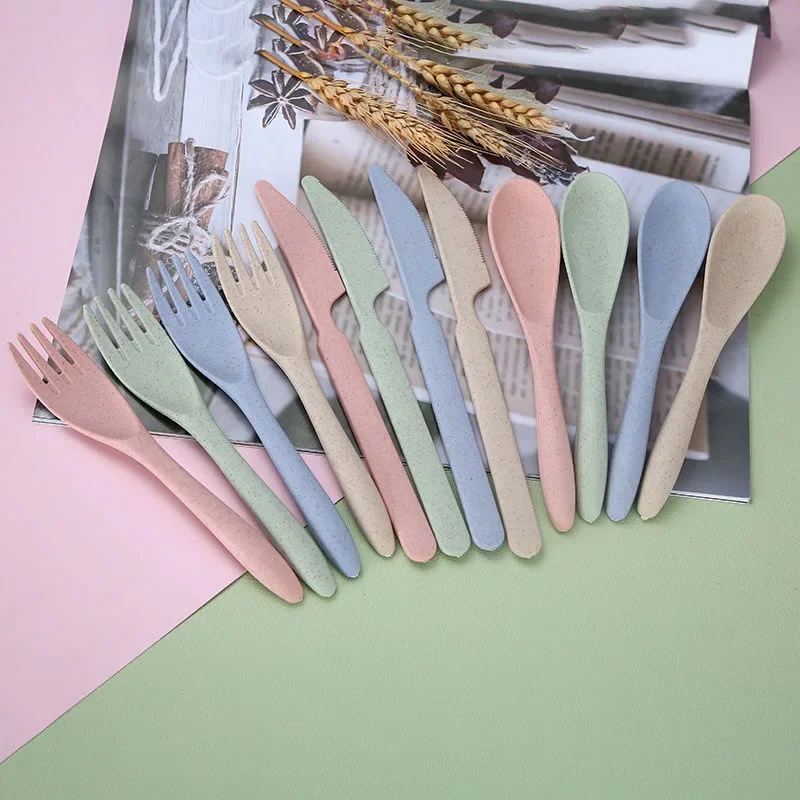 Colorful Wheat Straw Knife Fork Spoon Set with Storage Box Outdoor Camping Portable Plastic Tableware Student Lunch Cutlery Set