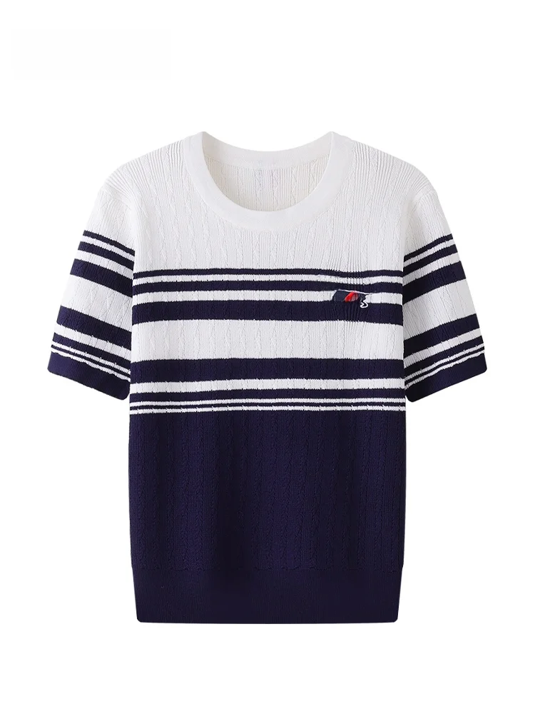 

JZZDEMM Summer New Women's Knitted ort Sve T-irt Embroidered Twisted Dog Pattern Slim Fit Retro Sle round Ne Top
