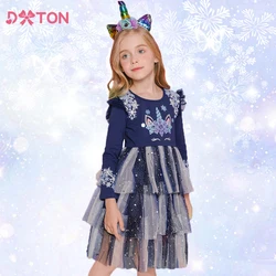 DXTON Children Christmas Dress 2024 Snowflake New Year Toddler Party Vestidos Winter Cartoon Long Sleeve Girls Princess Dresses