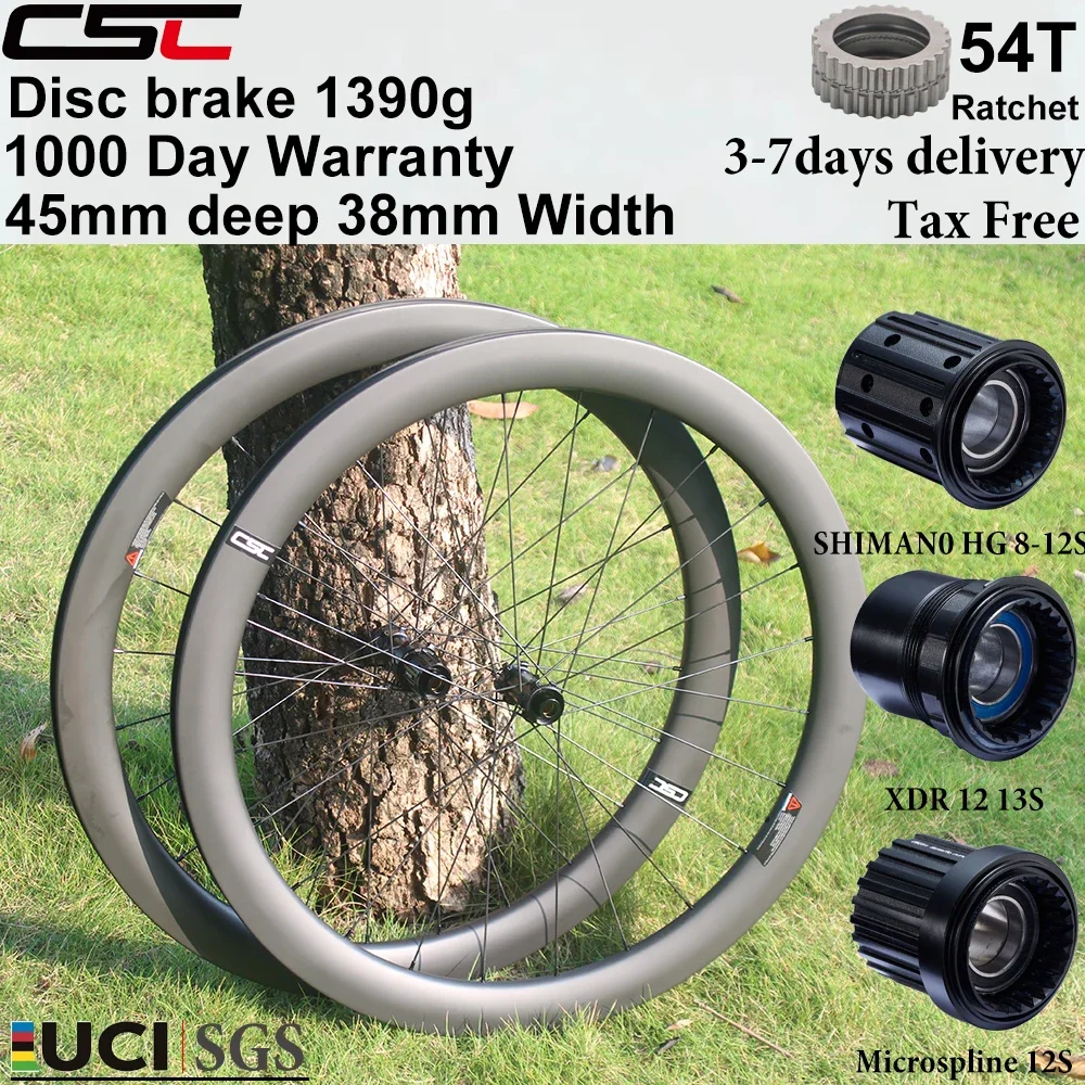 CSC 1390g 700C Gravel-Fahrrad Carbon-Laufräder Center Lock Scheibenbremse 54T Ratchet 45mm tief 29mm Innenbreite Carbon-Laufradsatz