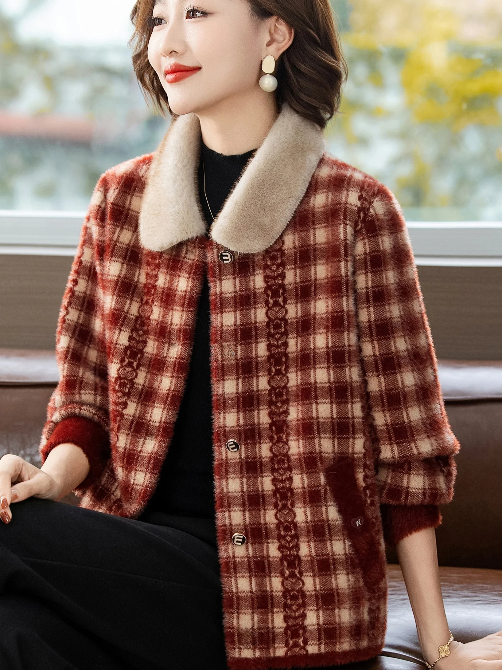 

Thiened Plaid Coat for Middle-Aged And ly Women Faionable Warm Coat with Fur Collar Open Cardigan ort Sle