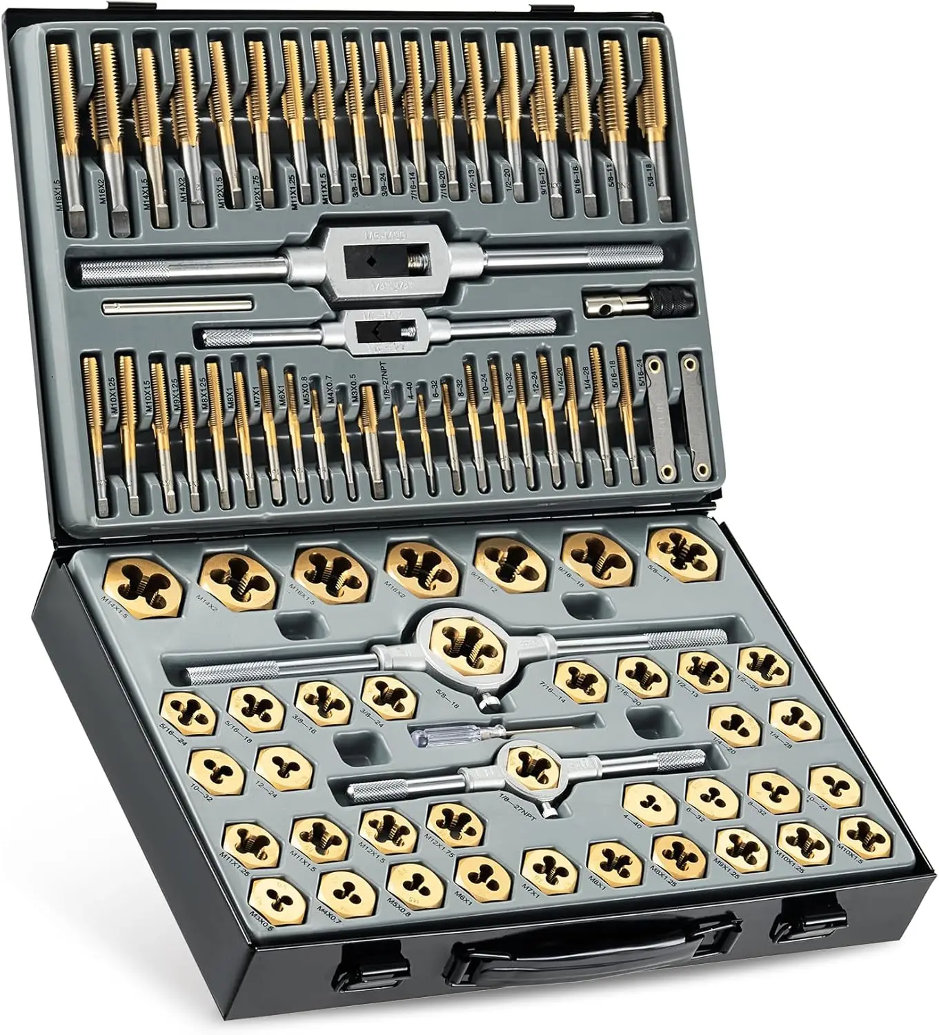 

86pc Tap and Die Set in SAE and Metric, Titanium Coated Steel Tap Set and Die Tool Set for Homeowners Mechanics Craftsmen Metric