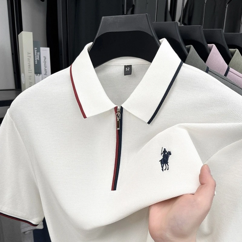 

2026 Men's Half Zip T-shirt Color Block Embroidery Short Sleeve Korean Style Casual Top Breathable Summer Fashion