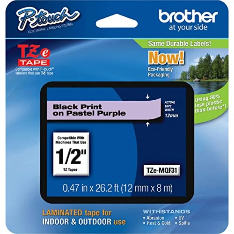 

Оригинальная лента Brother Ptouch TZEMQF31 1, 2, стандартная ламинированная лента шириной 0,47 черного цвета на пастельно-фиолетовом ламинированом для использования в помещении или на открытом воздухе