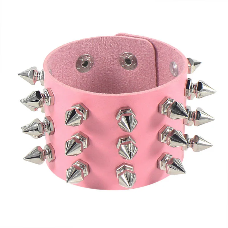 Punk Style Three Row Cuspidal Spikes Rivet Stud Wide Cuff PU Leather Gothic Rock Unisex Bracelet Men Jewelry Christmas Gift