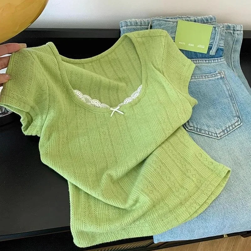 Women's Lace Trim Bow Short Sleeve T-shirt Slim Fit Green Knit Summer Crop Top