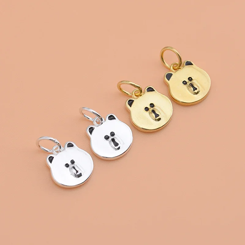 S925 Sterling silver gold plated cute Bear pendant DIY Korean fashion pop jewelry bracelet necklace accessory women