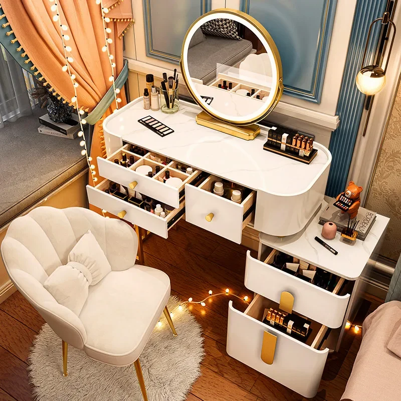 Luxury Storage Vanity Table Study Women Mobile Mirror Vanity Table White High End Coiffeuse De Chambre Bedroom Home Decoration