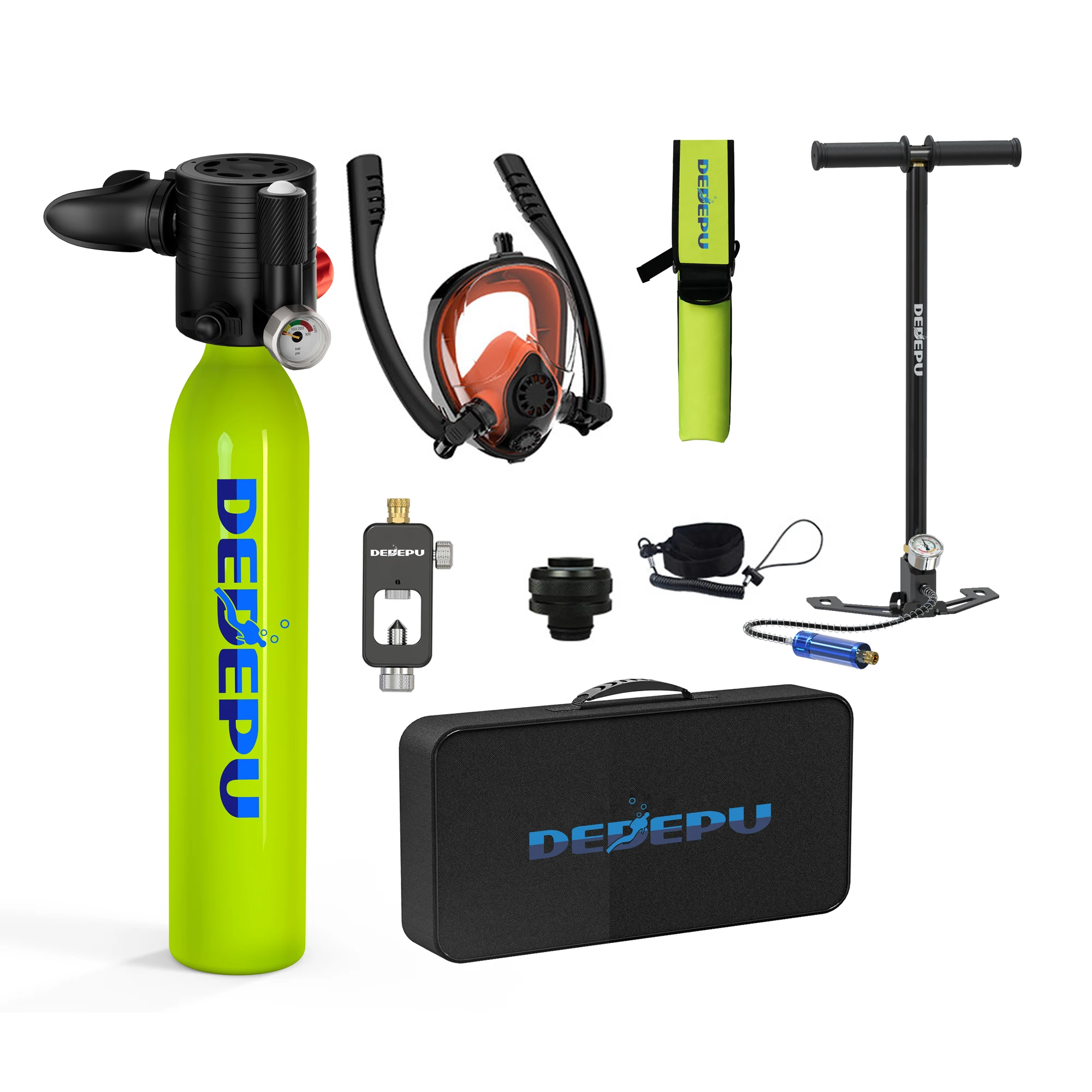 

US Warehouse Stock DEDEPU 0.5L Tank Oxygen Cylinder Scuba Diving Equipment With Full Face Mask & Hand Pump