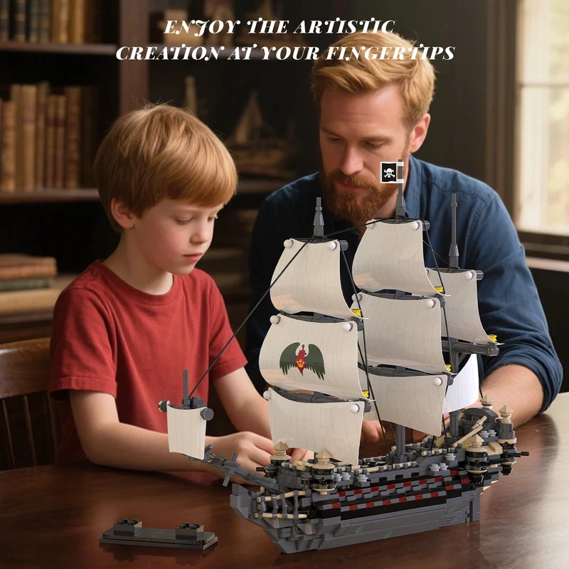 

1055PCS Caribbean Pirate Ship Building Bricks, Skull Sailboat Model, High-Detail Collection Toy for Adults