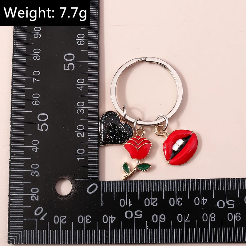 Fashion Rose Flower Keychain Enamel Love Heart Red Lips Key Chains Souvenir Gift For Women Men Handbag Car Key DIY Jewelry Gifts