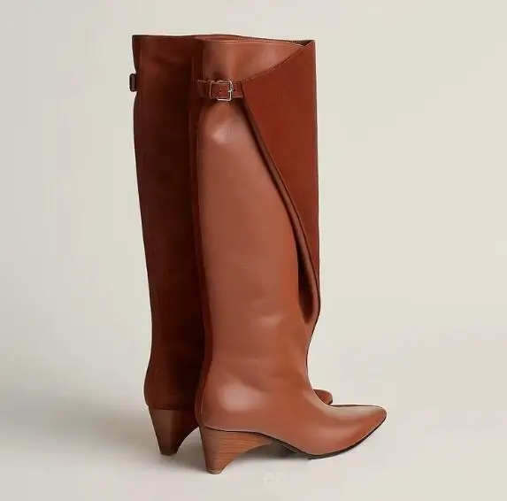 Autumn Women Brown Black Suede Leather Patchwork Buckle Wrap Knee High Boots Fashion Pointed Toe Spike Heels Modern Long Boots
