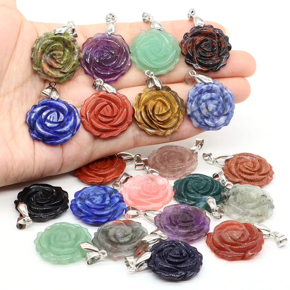 

1'' Rose Flower Natural Stone Healing Crystal Amethyst Quartz Hand Carved Gems for Jewelry Making DIY Pendant Necklace Accessory