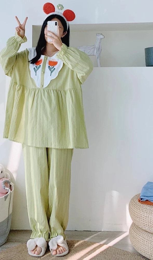 Washed Woven Cotton XL-4XL Long Sleeve Pants Two-piece Pajamas Girl Spring Autumn Loose Peter Pan Collar Flower Sweet Loungewear