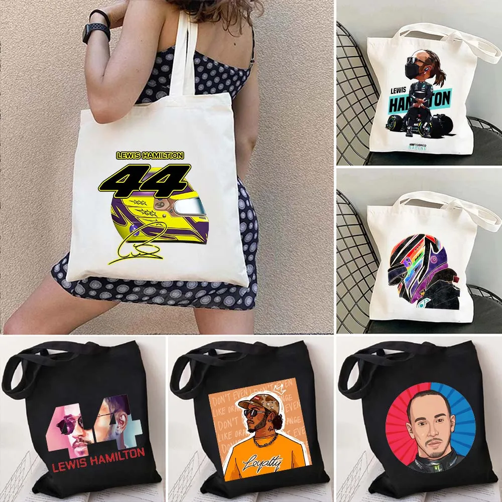 

F1 Formula 1 Lewis Hamilton 44 Canvas Cotton Totes Bag Racing Racer Sport Car Pride Helmet United Kingdom Flag Shoulder Handbags