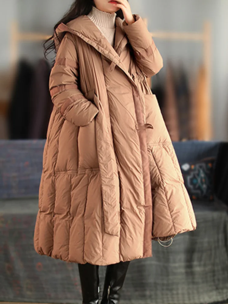 Winter Women\'s Long Down Jacket Hooded Waist Warm Coat Thickened 90 Duck Down Jacket Fashion Cloak Models Tie Leisure Parka