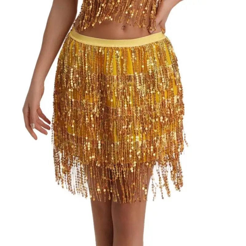 Halloween Belly Dance Shiny Tassel Skirt Stage Performance Half-length Skirts Bright Sequins Festive Women's Ethnic Costume