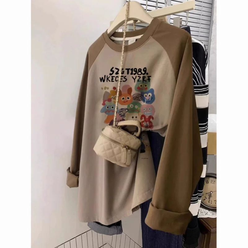 

Autumn and Winter Retro Maillard Trendy Pure Cotton Long-sleeved T-shirt Women's Loose Bottoming Shirt